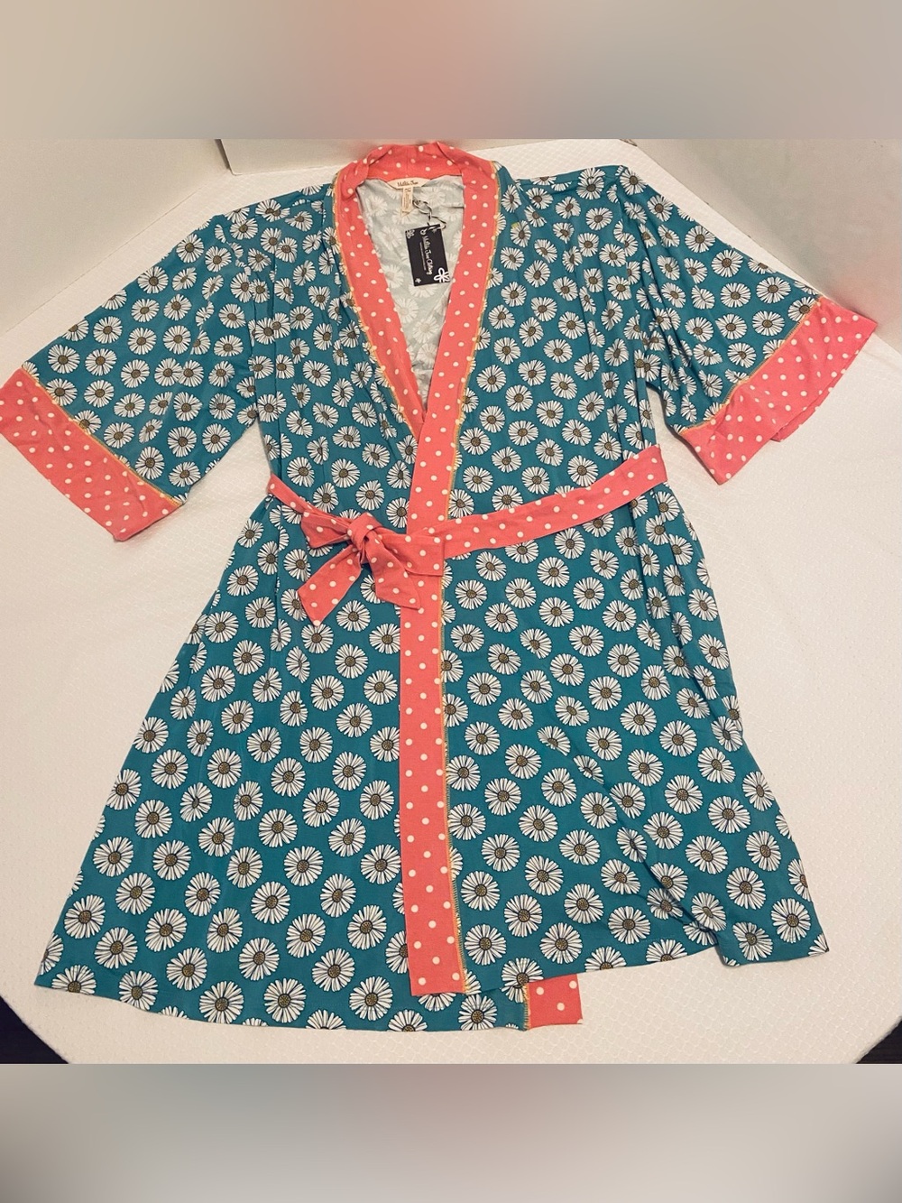 NWT MATILDA JANE Teal Daisy Wrap Robe with Coral Polka Trim. Size L